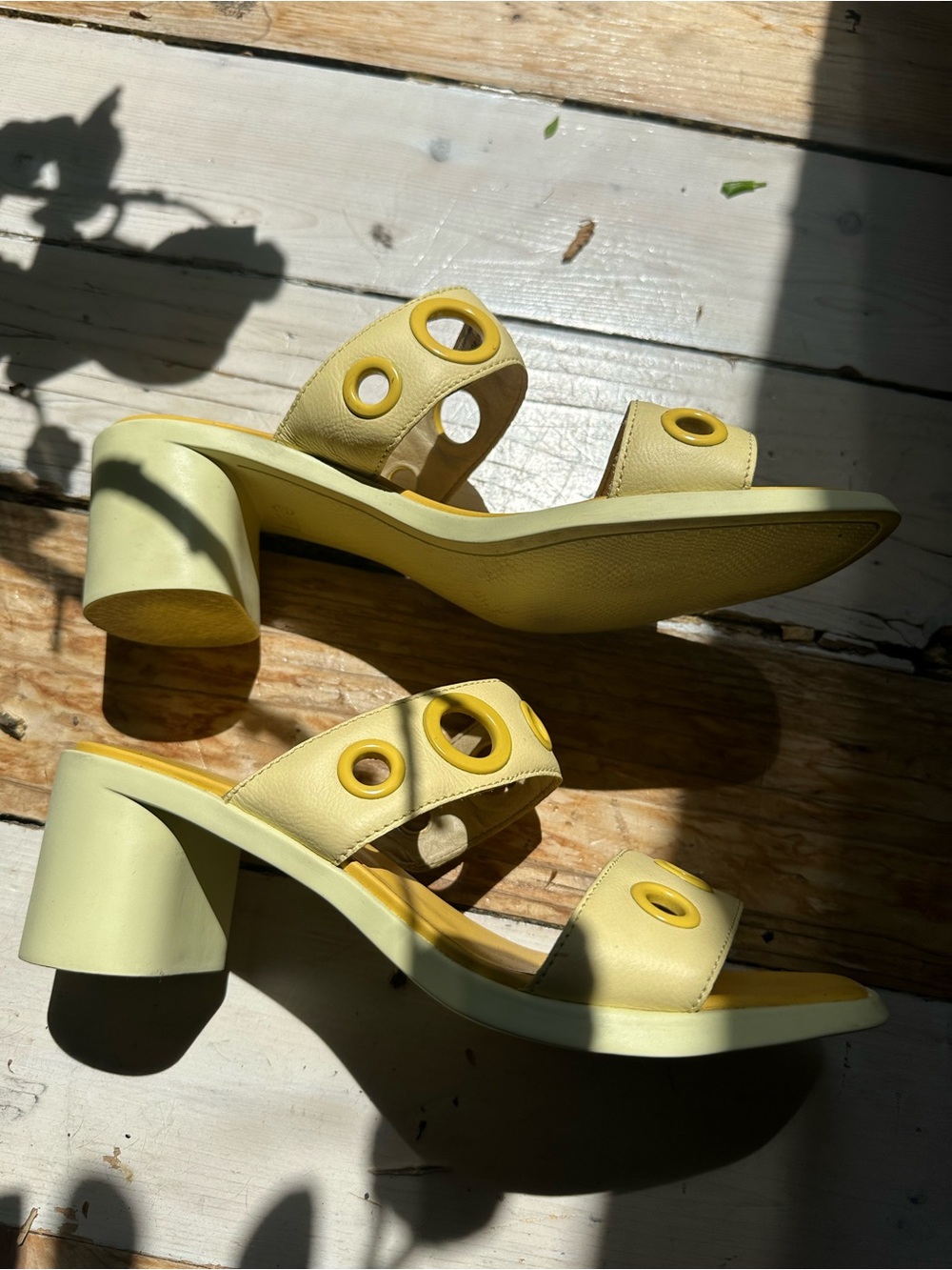 SOLD - Camper Yellow Grommet Heeled Slide Sandals - Women - Picture 2 of 5